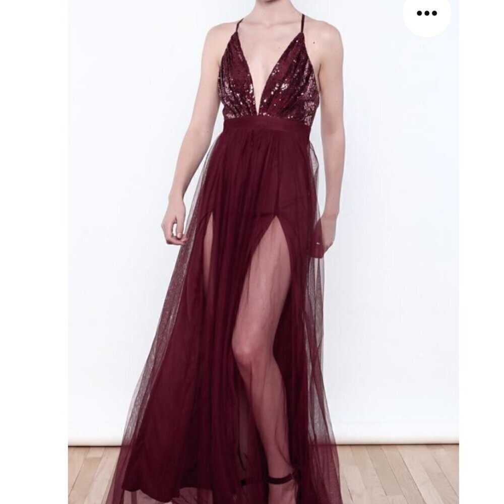 Luxxel SZ L Wine Tulle Sequin Bust Formal Gown Prom Black Tie Bridesmaid Sexy